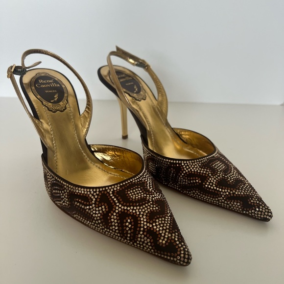 RARE Rene Caovilla Brown Leopard Beaded
Slingback Pumps Size 37.5 - Picture 3 of 6